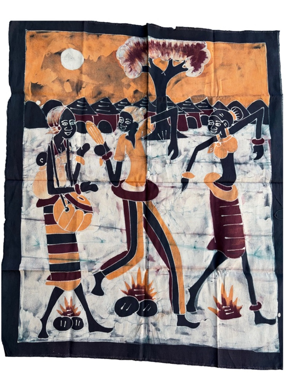 Hand crafted African Village Wall Hanging Batik - Orange, Black & Brown